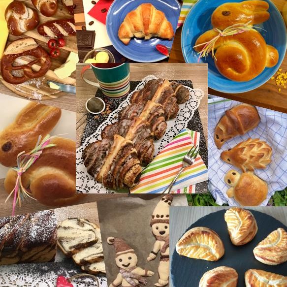 Collage Gebäcke Vielfalt an Gebäck, darunter Croissants und Brzeln in unterschiedlichen Formen.